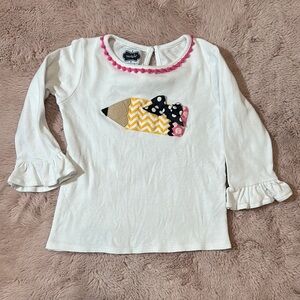 EUC Mud Pie back to school Bow Pencil Long Sleeve Tee Ruffled Sleeve 24/2t-3t